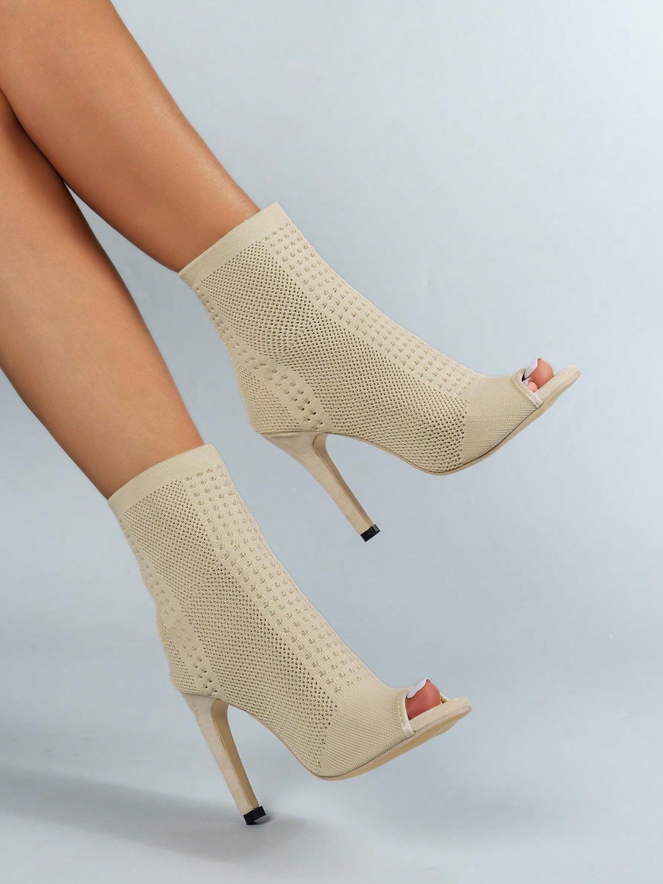 Beige Pointed Toe Elastic Knit Slim High Heel Women Boots Fashion Ankle Booties, Match With White Dress
