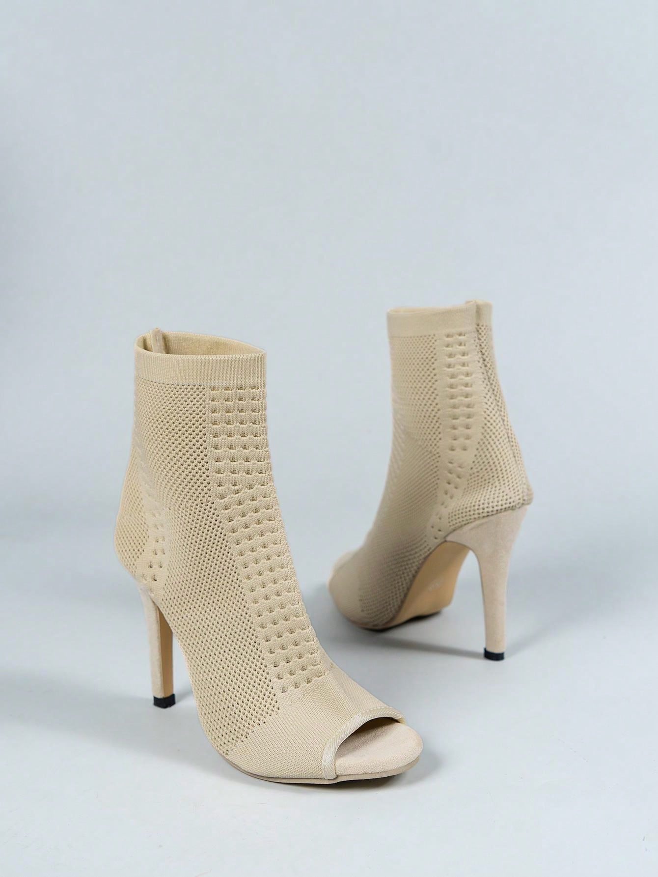 Beige Pointed Toe Elastic Knit Slim High Heel Women Boots Fashion Ankle Booties, Match With White Dress