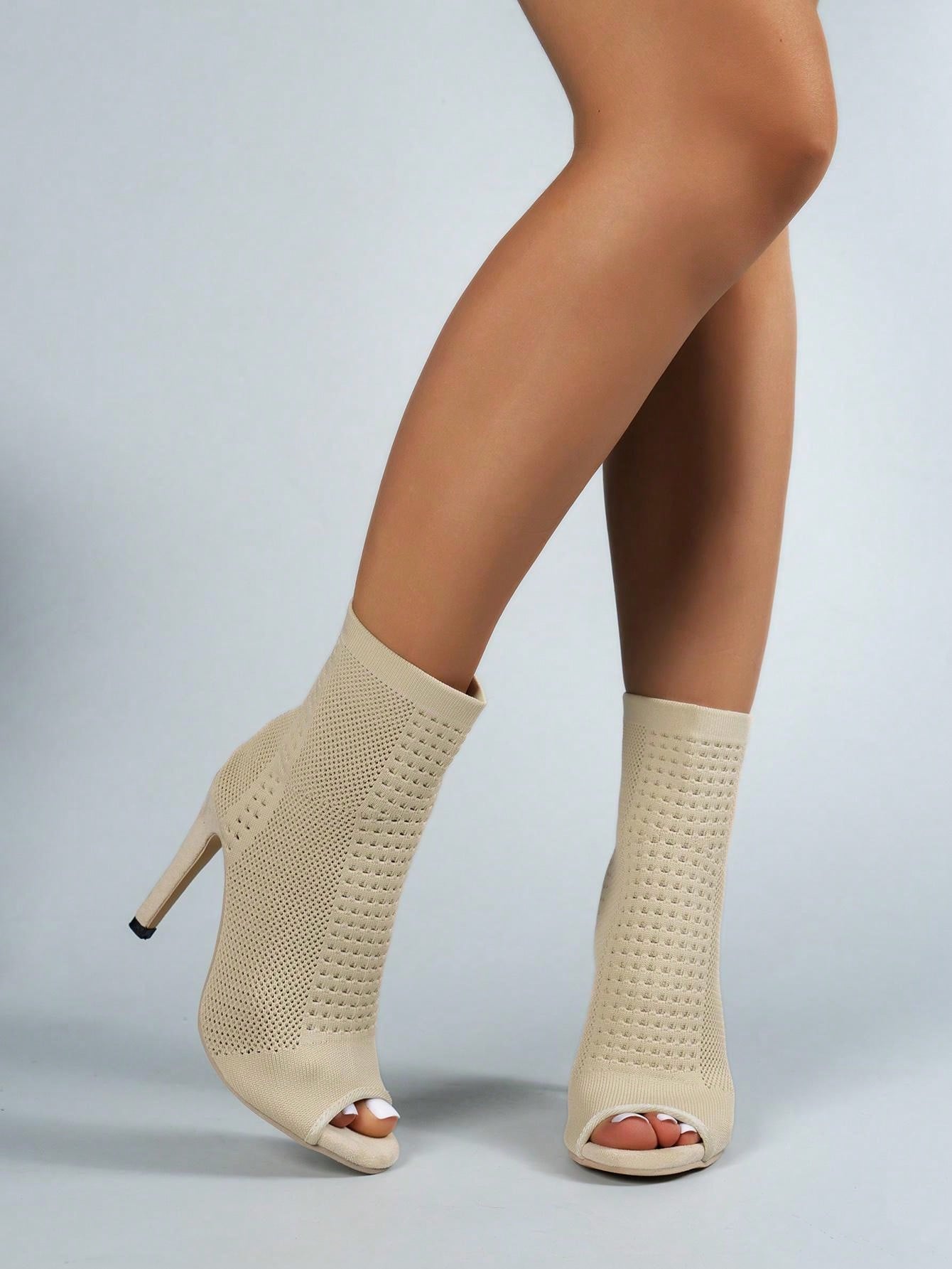 Beige Pointed Toe Elastic Knit Slim High Heel Women Boots Fashion Ankle Booties, Match With White Dress
