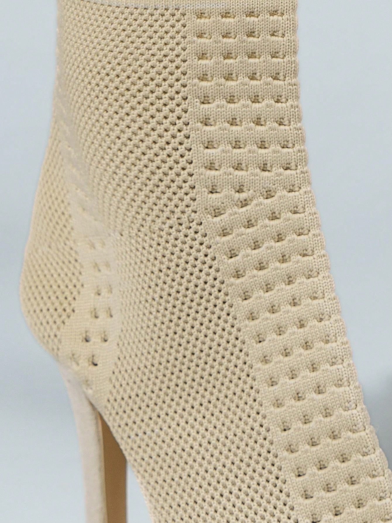 Beige Pointed Toe Elastic Knit Slim High Heel Women Boots Fashion Ankle Booties, Match With White Dress