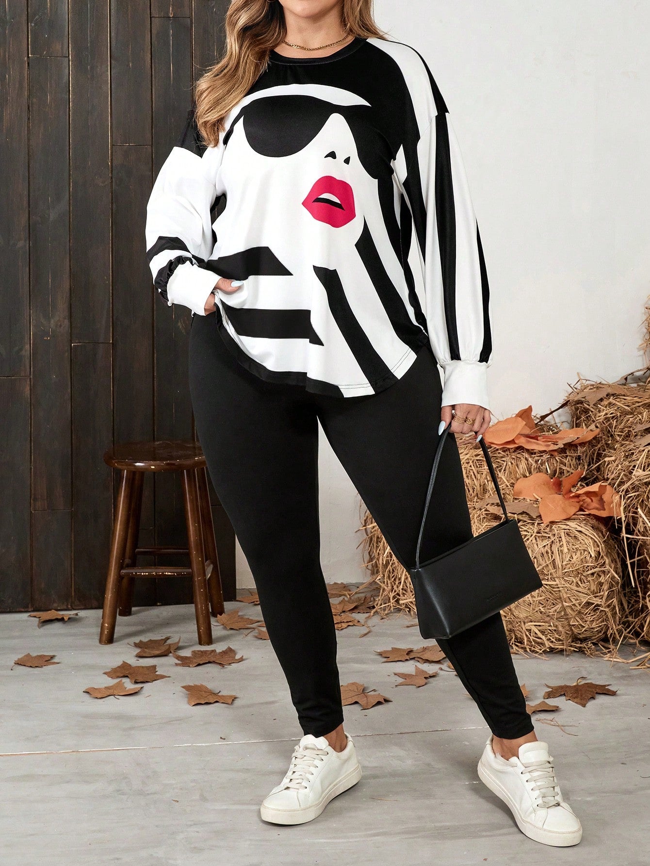 LUNE 2pcs/Set Plus Size Women Casual Long Sleeve T-Shirt And Yoga Pants, Suitable For Autumn/Winter