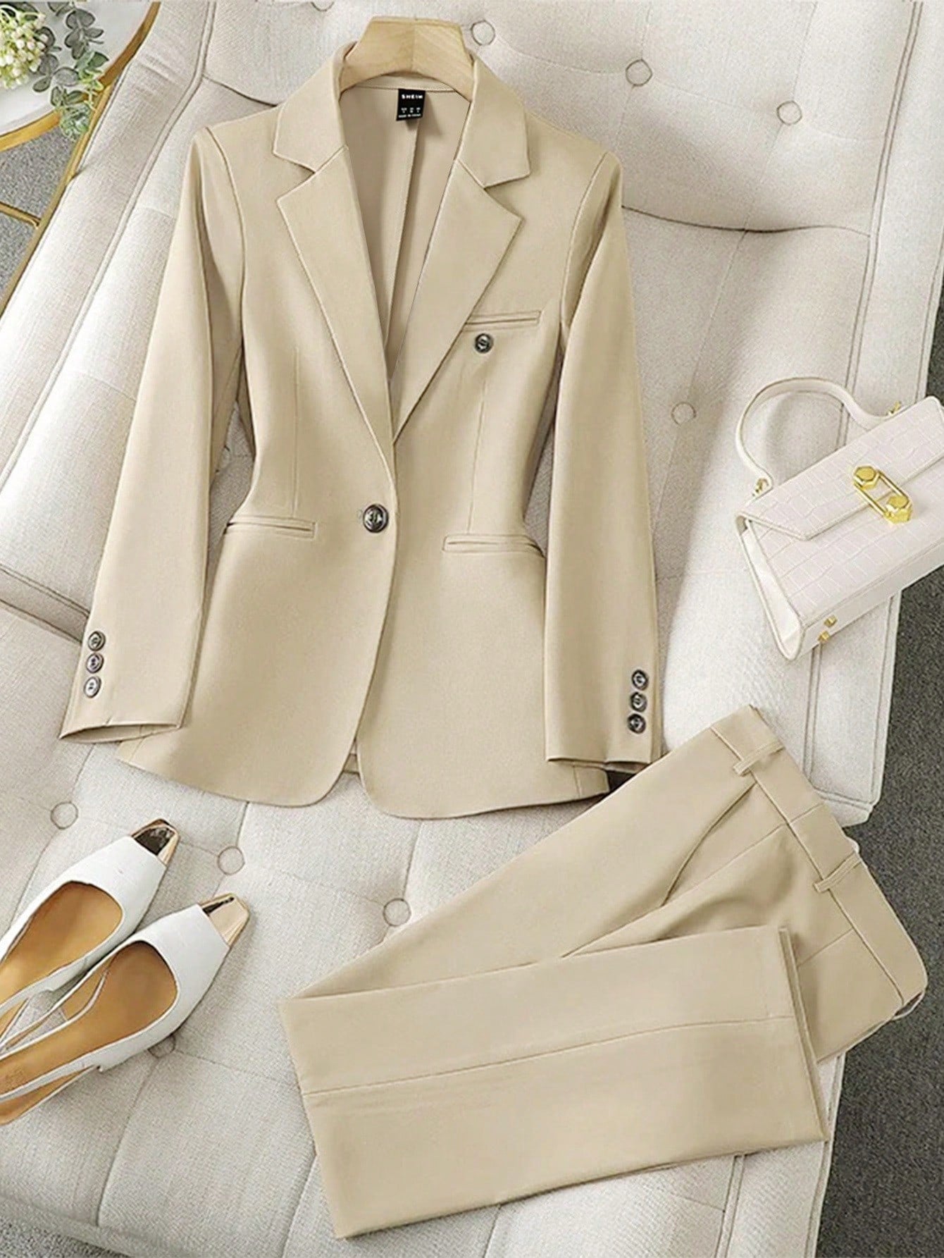 LUNE Solid Color Single-Breasted Long Sleeve Suit Jacket And Pants, Elegant Suit Set
