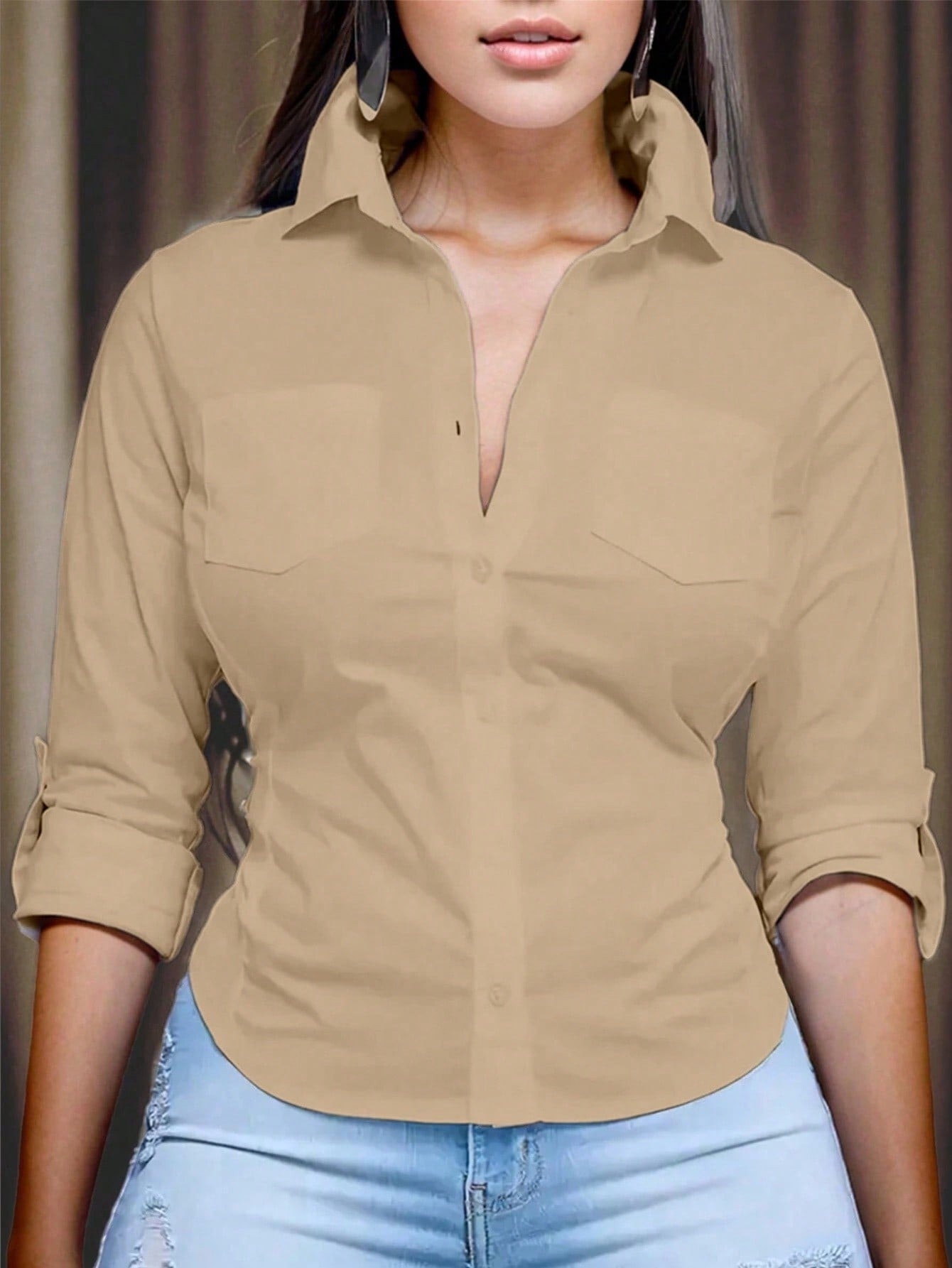 Relaxiva Women's Solid Color Rolled Sleeve Shirt,Long Sleeve Tops