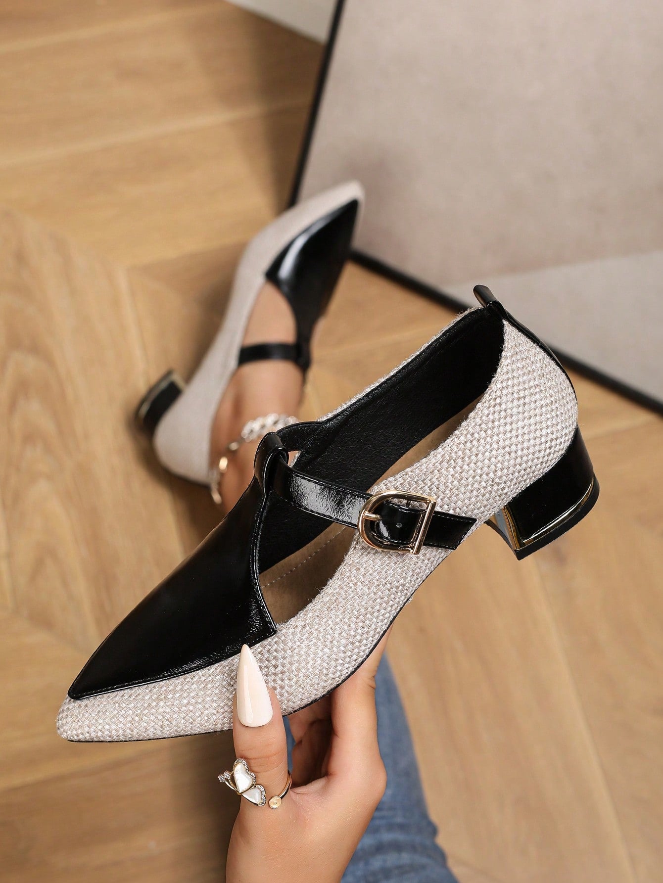 Pointed Toe Metal Thick Heel Fashion Mary Jane Loafers Women Shoes For Work, T-Strap Wingtip College Style Flats