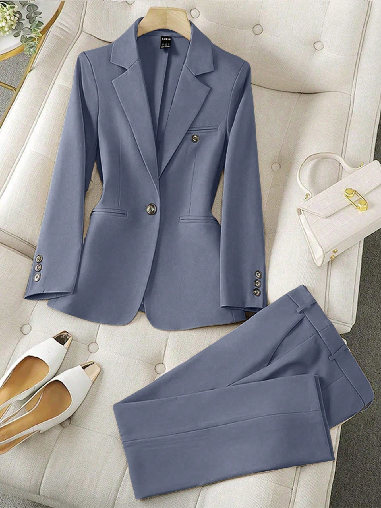 LUNE Solid Color Single-Breasted Long Sleeve Suit Jacket And Pants, Elegant Suit Set