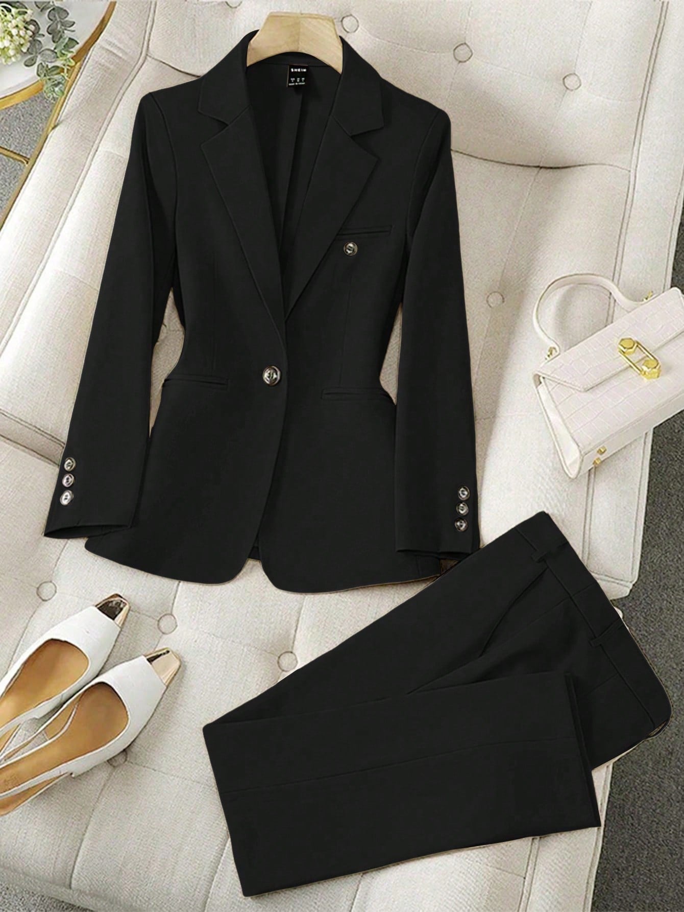 LUNE Solid Color Single-Breasted Long Sleeve Suit Jacket And Pants, Elegant Suit Set