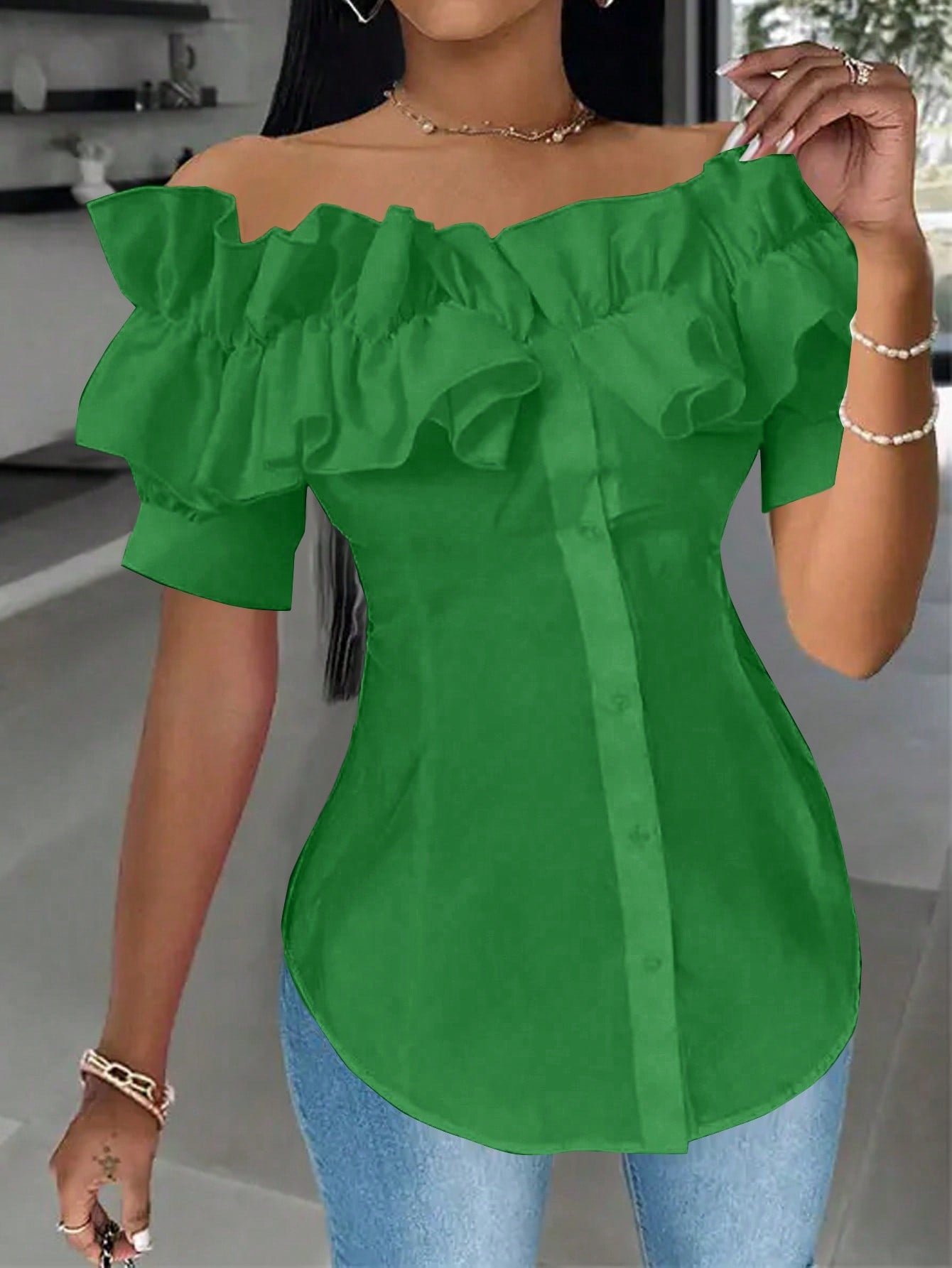 Holidaya Solid Color Ruffle Off Shoulder Short Sleeve Blouse