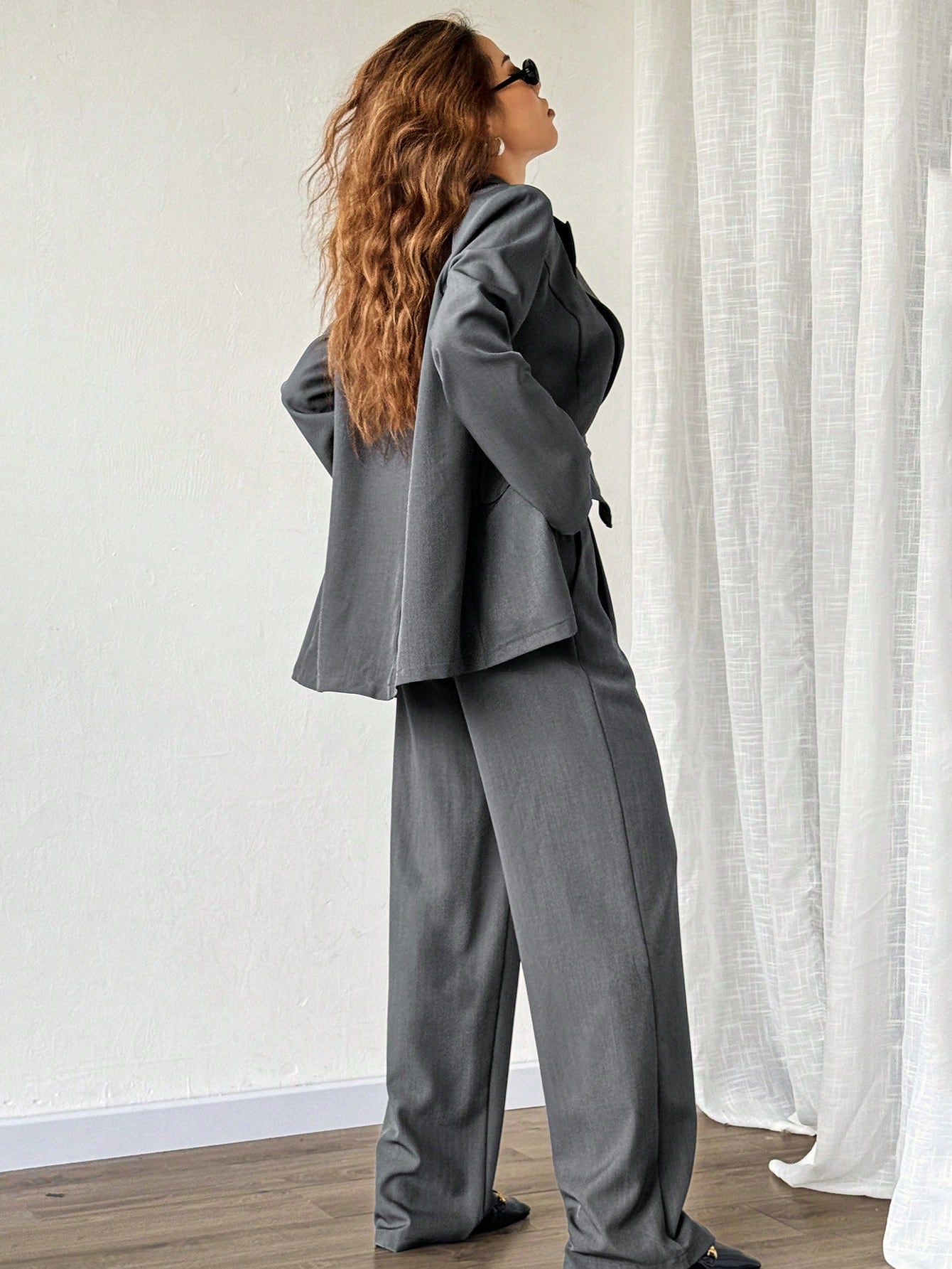 EZwear 3pcs/Set Solid Grey Suit Jacket, Vest And Pants