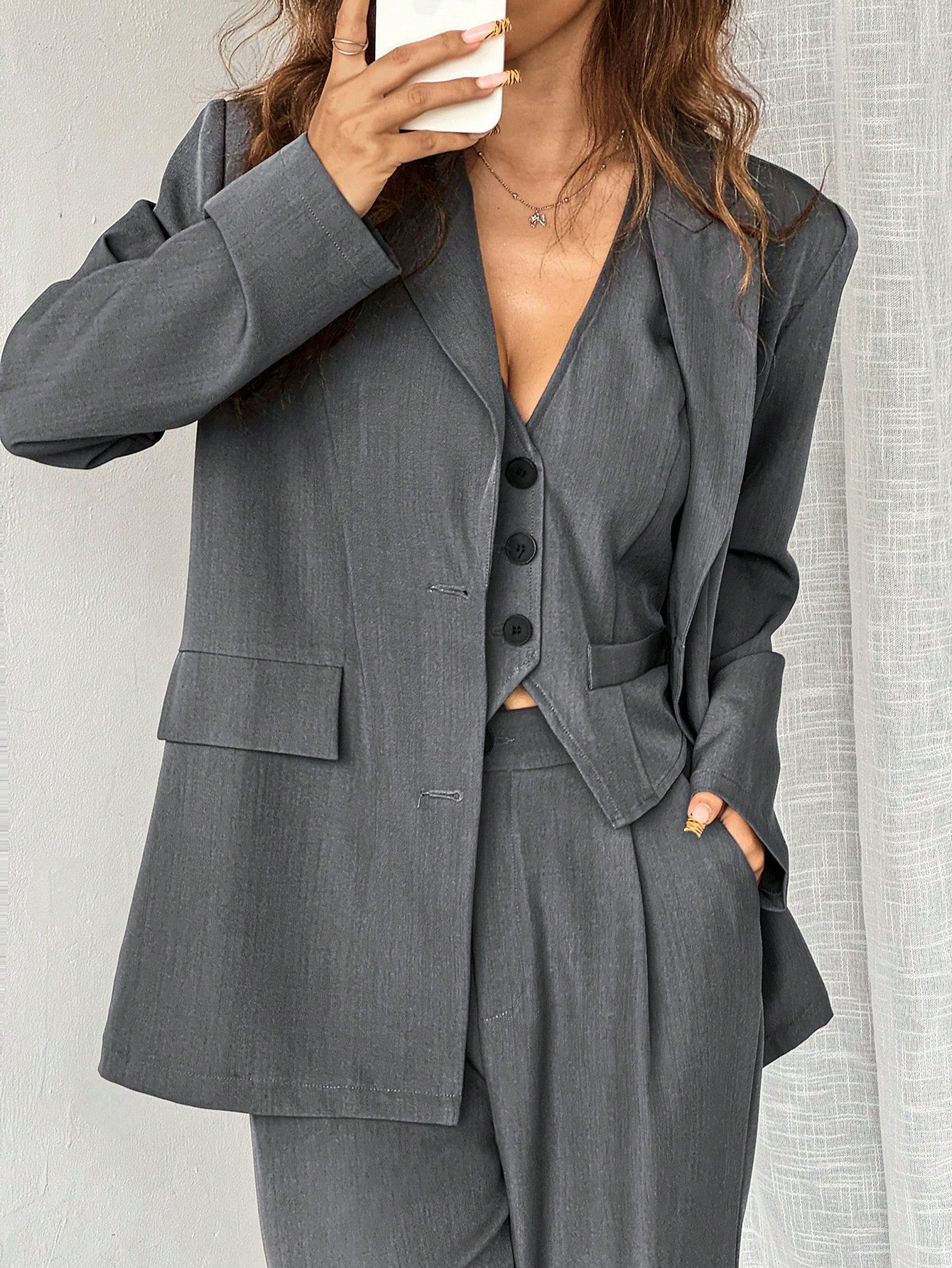 EZwear 3pcs/Set Solid Grey Suit Jacket, Vest And Pants