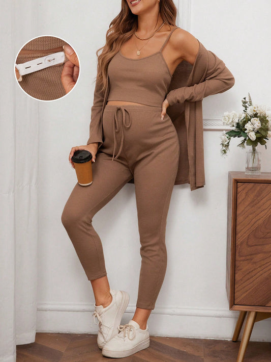 Maternity Waffle Knit Tank Top And Adjustable Bow-Tied Waist Leggings Set With Coat