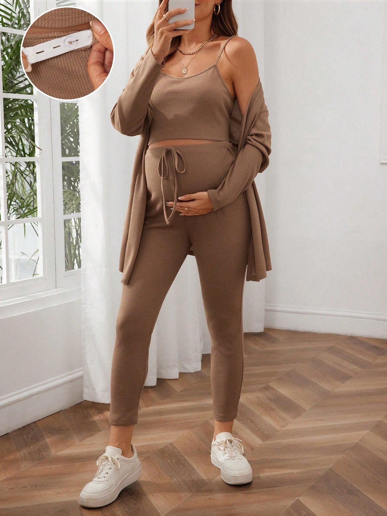 Maternity Waffle Knit Tank Top And Adjustable Bow-Tied Waist Leggings Set With Coat