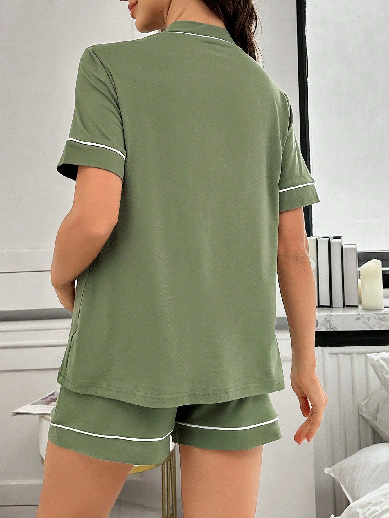 Underwear&Sleepwear Maternity Maternity Contrast Trim Letter Embroidered Open Front Top And Shorts Loungewear Set