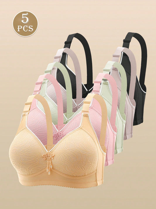 5pcs Non-Underwire Print Lightly Padded Adjustable Push-Up Bras For Women
