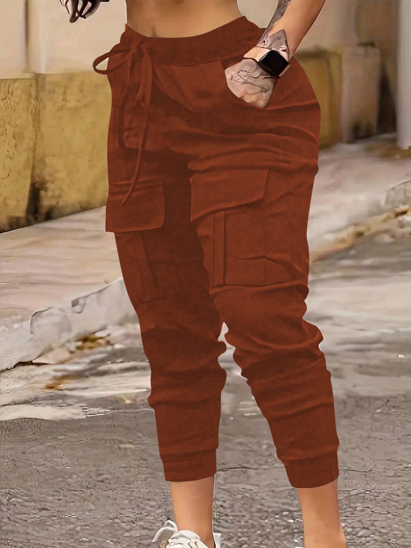 MOOSTA Plus Size Drawstring Waist & Cuffed Workwear Long Trousers