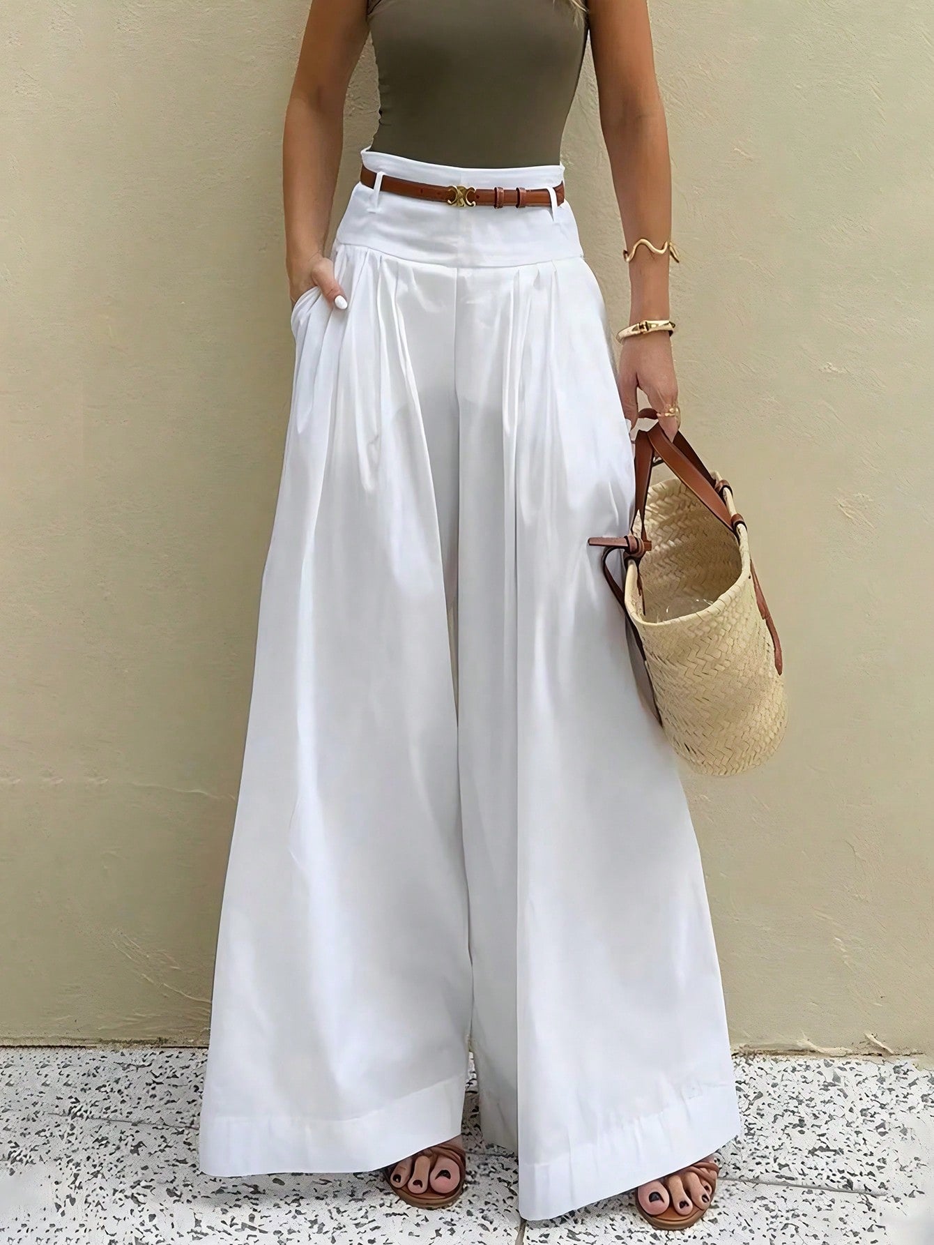 Privé Women's Casual Elegant Commuter White High Waist Wide Leg Pants,Without Belt,Suitable For Daily, Commuting, Home