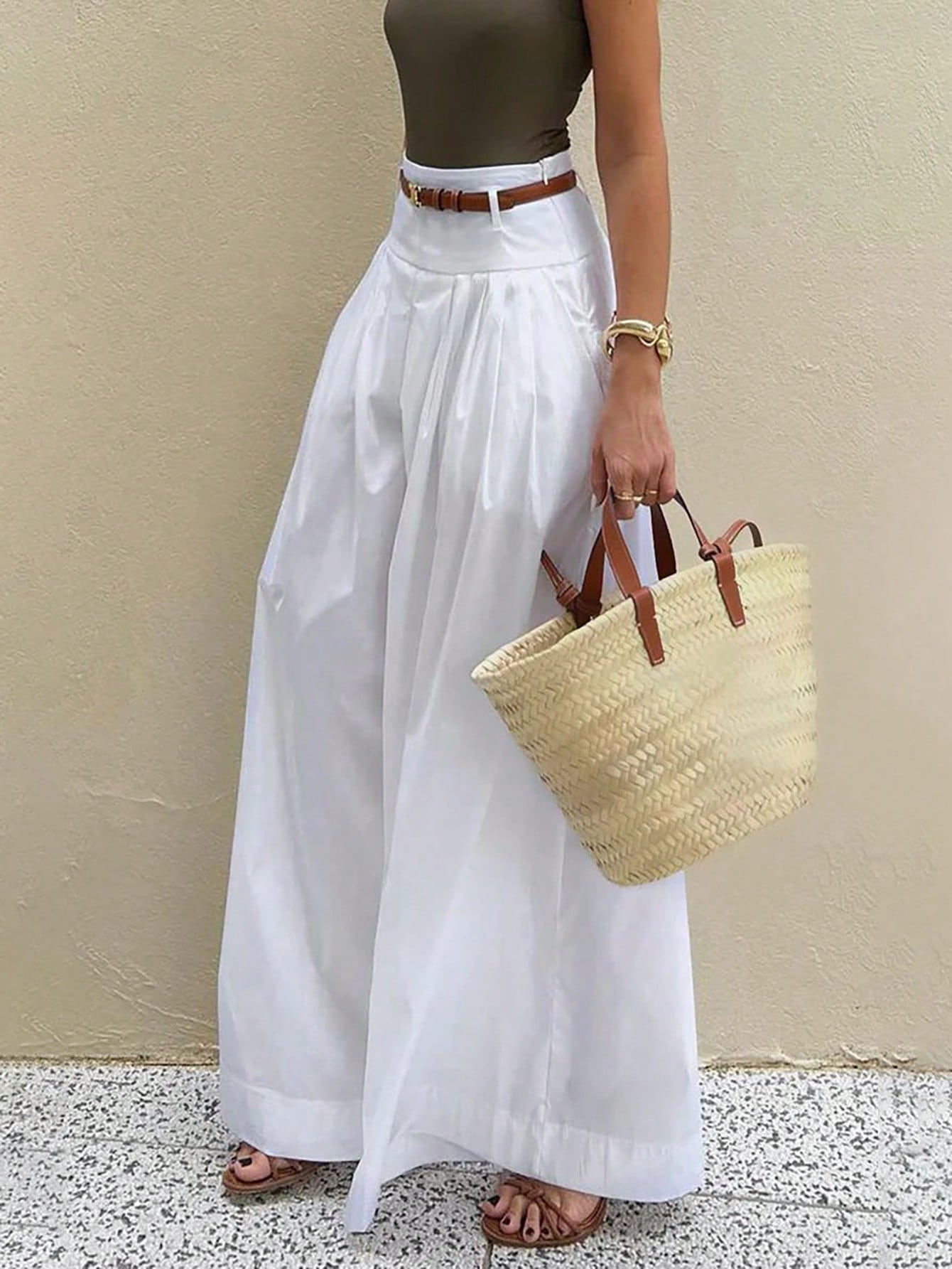 Privé Women's Casual Elegant Commuter White High Waist Wide Leg Pants,Without Belt,Suitable For Daily, Commuting, Home