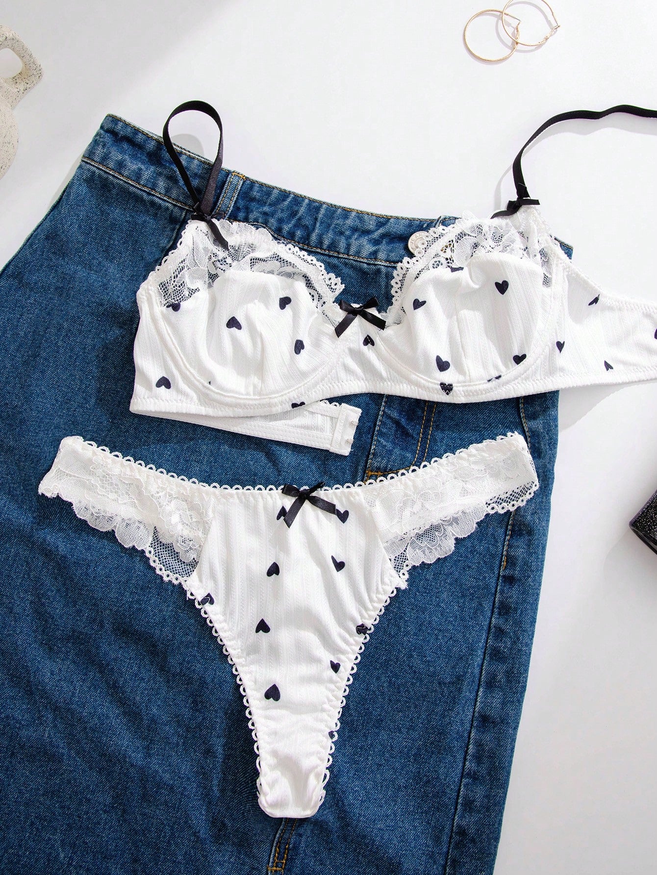 1pc Women White Heart Lace Trim Bra Set