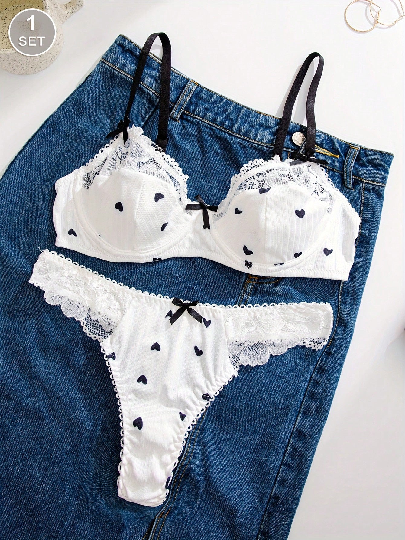 1pc Women White Heart Lace Trim Bra Set