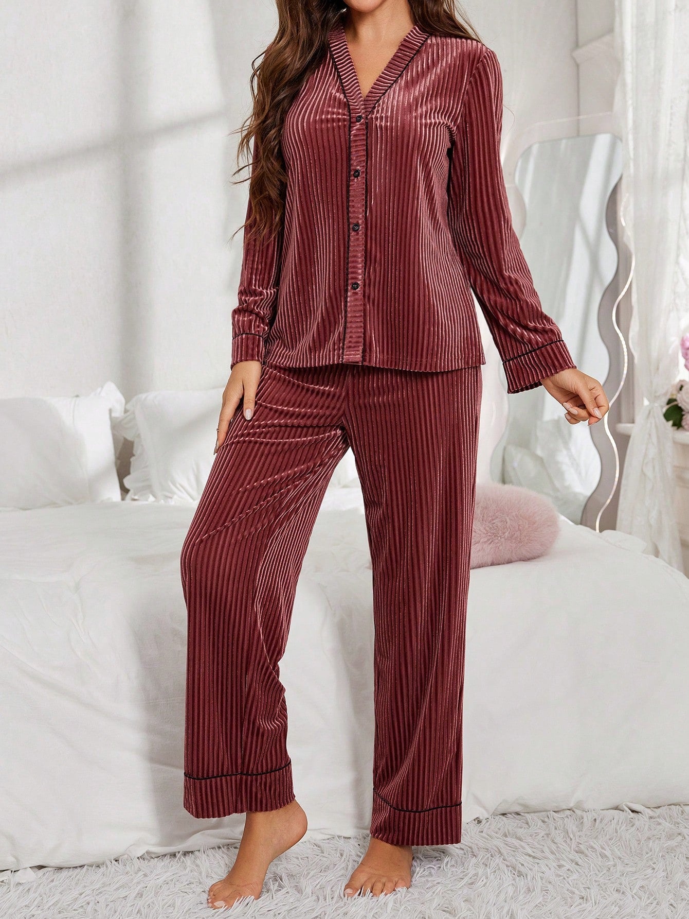 Velvet Women Pajamas Set Cardigan & Pants