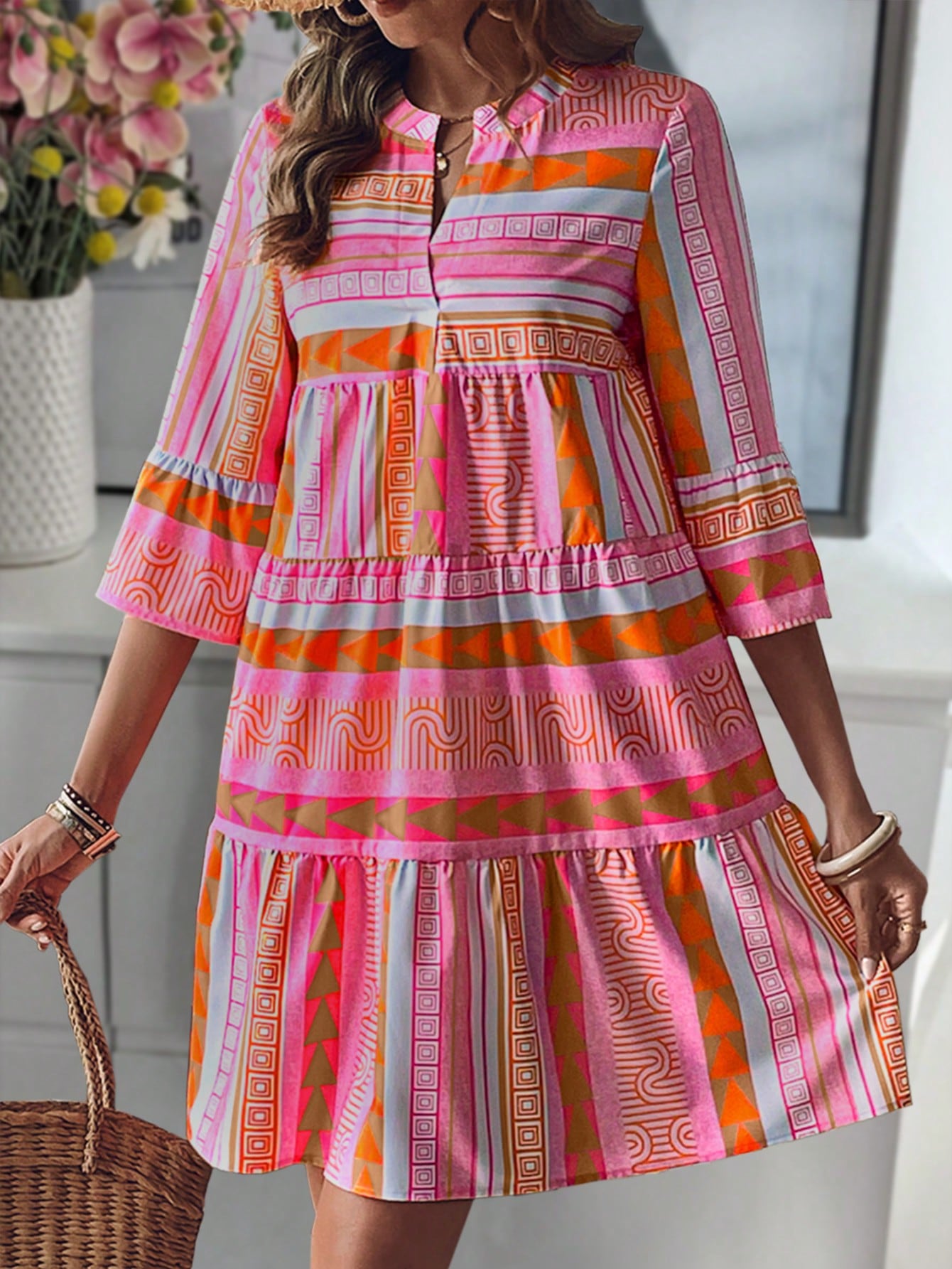 Holidaya Notched Neck Flare Sleeve Notched Hem Ruffle Trim Vacation Style Casual Dress Vacation Beach Outfits Women