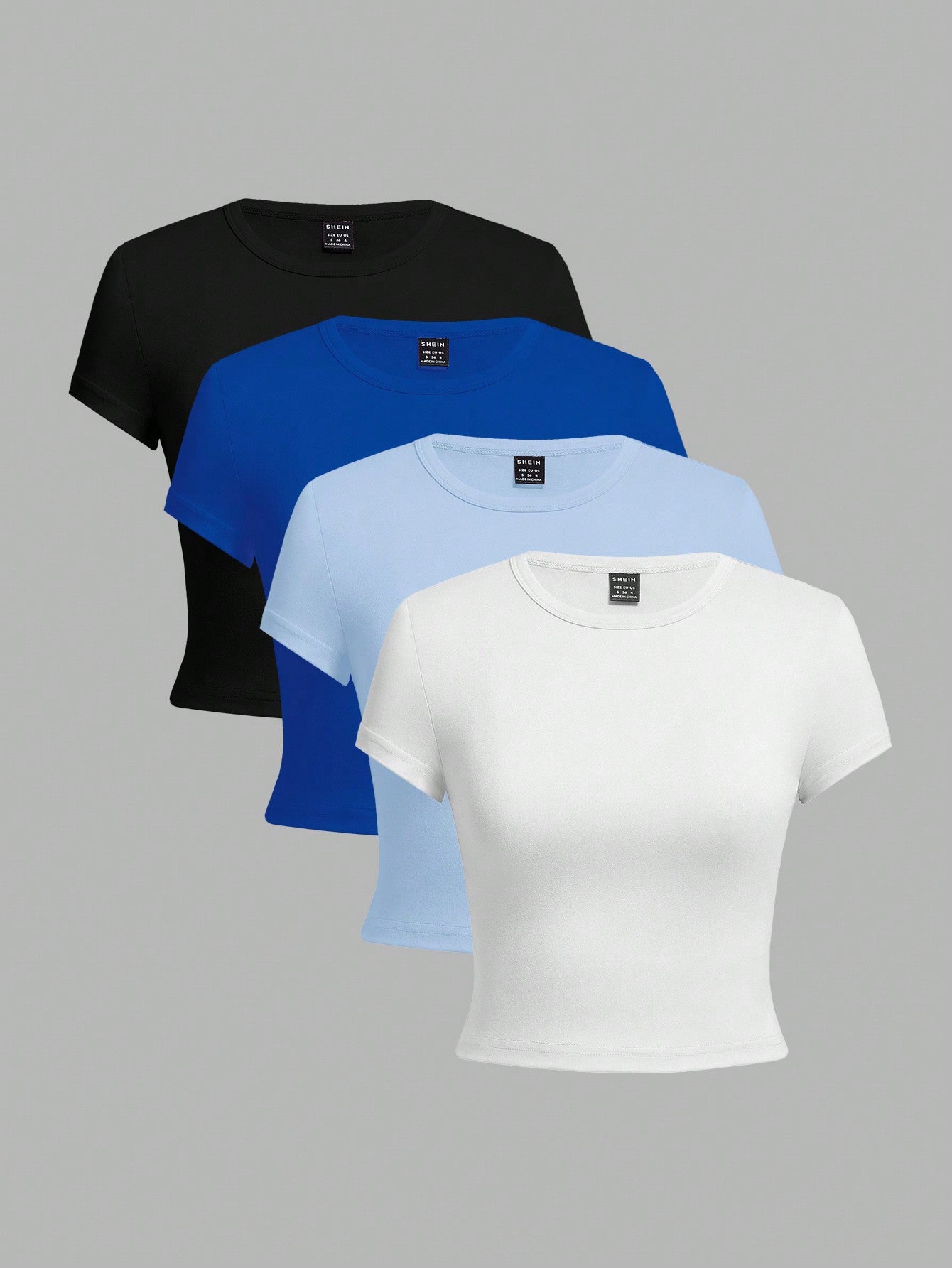 EZwear 4pcs/Pack Women Solid Color   Leopard Print Round Neck Short Sleeve T-Shirt