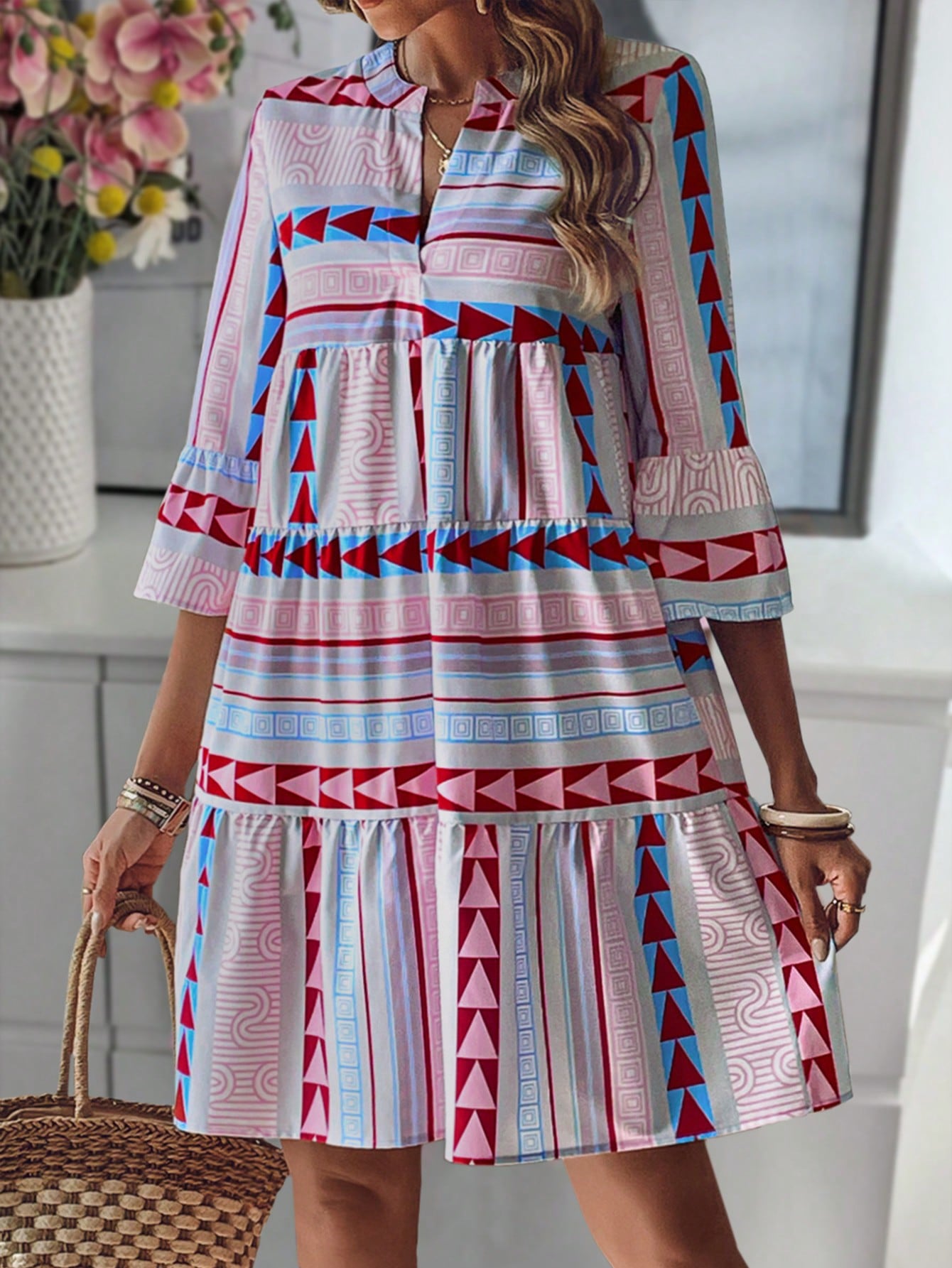 Holidaya Notched Neck Flare Sleeve Notched Hem Ruffle Trim Vacation Style Casual Dress Vacation Beach Outfits Women