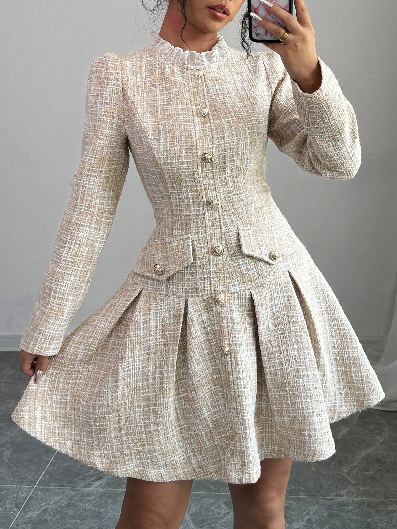 Elenzga Women's Stand Collar Front Button Pleated Elegant Long Sleeve Dress,Ladies Elegant Button Front,Pleated,Zipper Long Sleeve Stand Collar Regular Fit Short Khaki Puff Sleeve Plaid A Line Women Short Dresses,Spring/Fall,Professional/Business Attire/