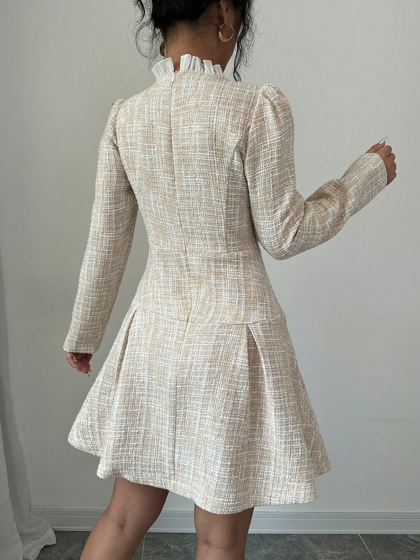 Elenzga Women's Stand Collar Front Button Pleated Elegant Long Sleeve Dress,Ladies Elegant Button Front,Pleated,Zipper Long Sleeve Stand Collar Regular Fit Short Khaki Puff Sleeve Plaid A Line Women Short Dresses,Spring/Fall,Professional/Business Attire/