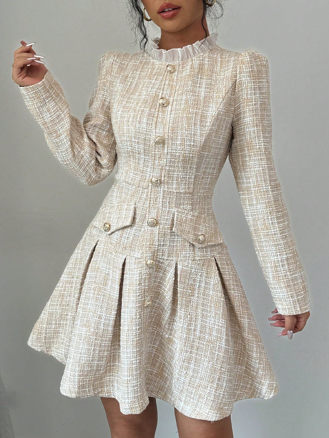 Elenzga Women's Stand Collar Front Button Pleated Elegant Long Sleeve Dress,Ladies Elegant Button Front,Pleated,Zipper Long Sleeve Stand Collar Regular Fit Short Khaki Puff Sleeve Plaid A Line Women Short Dresses,Spring/Fall,Professional/Business Attire/