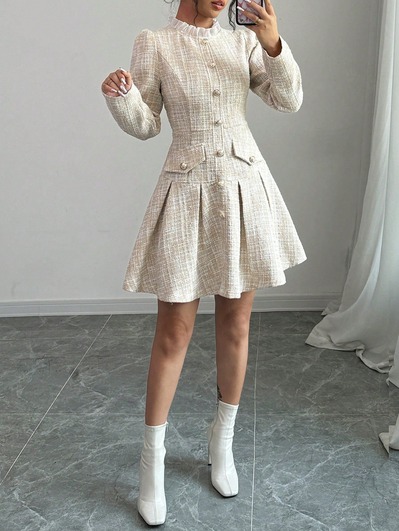 Elenzga Women's Stand Collar Front Button Pleated Elegant Long Sleeve Dress,Ladies Elegant Button Front,Pleated,Zipper Long Sleeve Stand Collar Regular Fit Short Khaki Puff Sleeve Plaid A Line Women Short Dresses,Spring/Fall,Professional/Business Attire/