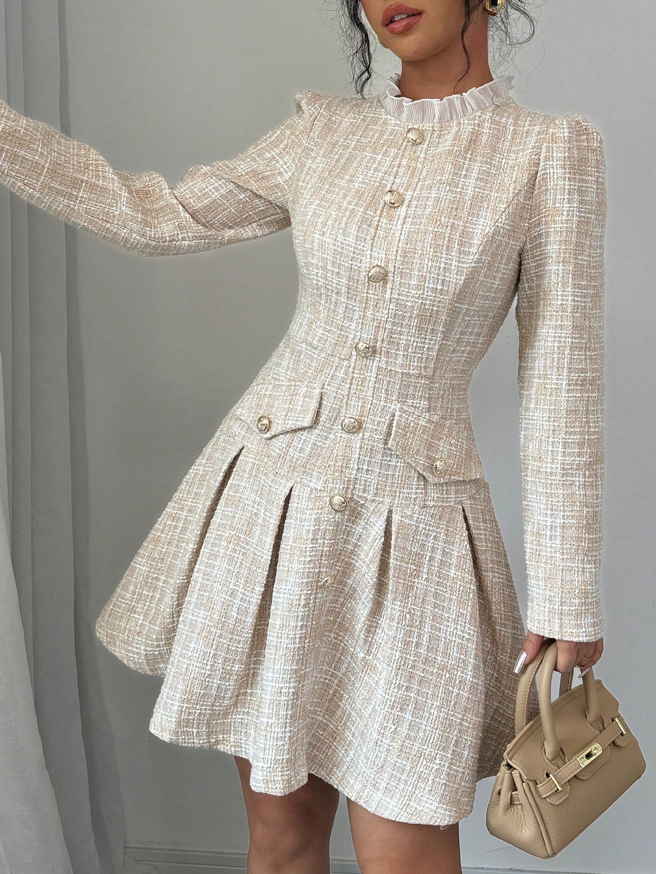 Elenzga Women's Stand Collar Front Button Pleated Elegant Long Sleeve Dress,Ladies Elegant Button Front,Pleated,Zipper Long Sleeve Stand Collar Regular Fit Short Khaki Puff Sleeve Plaid A Line Women Short Dresses,Spring/Fall,Professional/Business Attire/