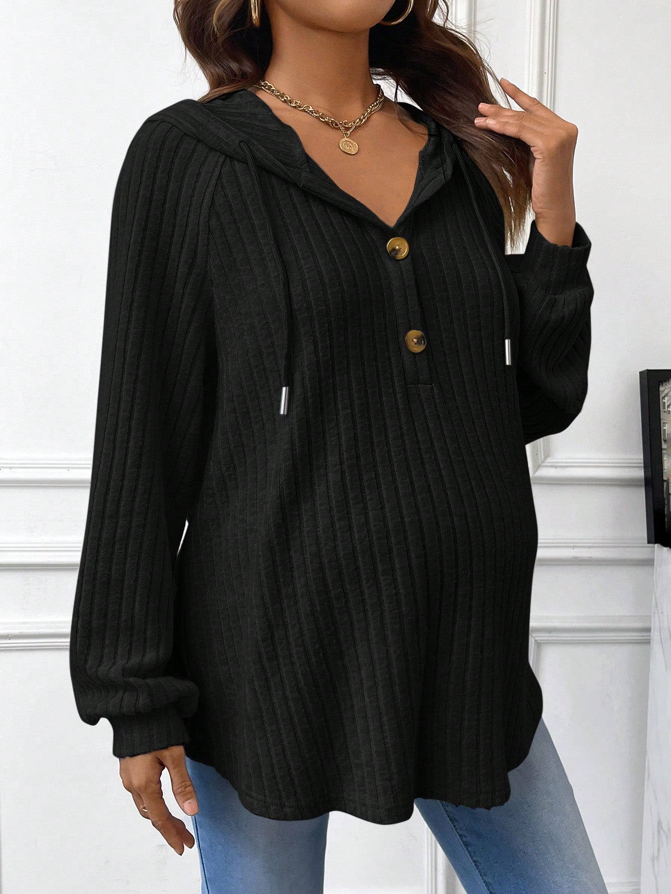 Maternity Buttoned Half Placket Drawstring Hoodie With Ribbed Details And Raglan Sleeves, For Winter