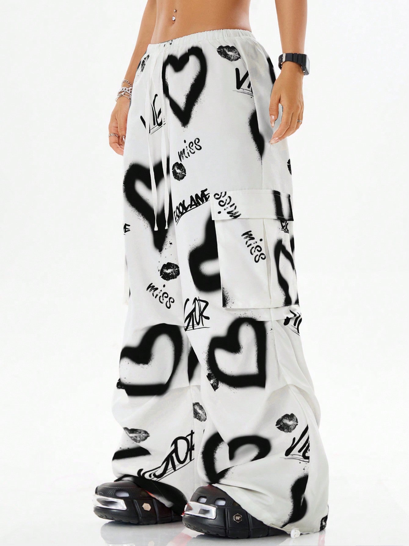Coolane Women's Daily Wear Date Night Casual Love Graffiti Pattern Parachute Pants
