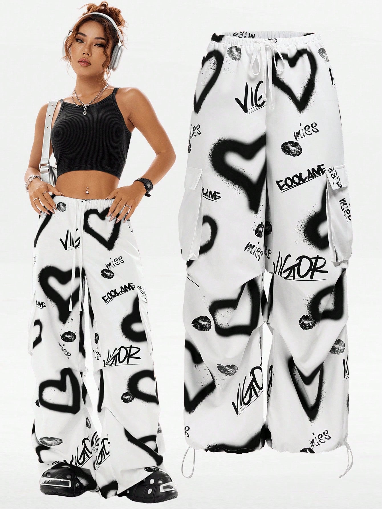 Coolane Women's Daily Wear Date Night Casual Love Graffiti Pattern Parachute Pants