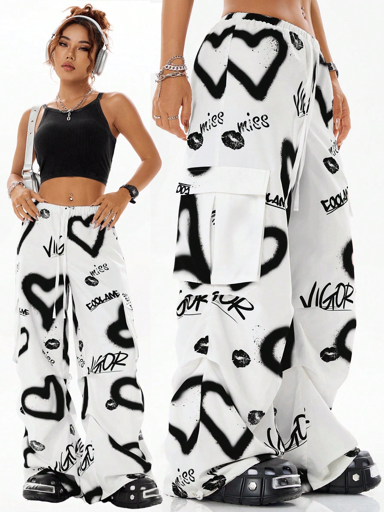 Coolane Women's Daily Wear Date Night Casual Love Graffiti Pattern Parachute Pants