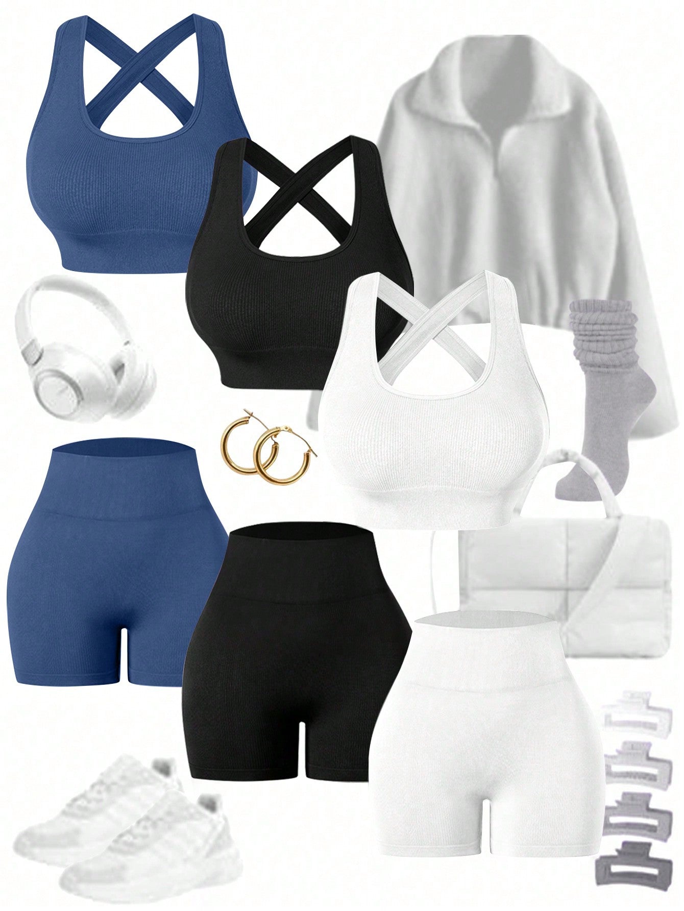 Sport Easify Women's Crew Neck Criss-Cross Back Top And Casual Seamless Shorts Yoga Texture Sports Set, Gym Clothes