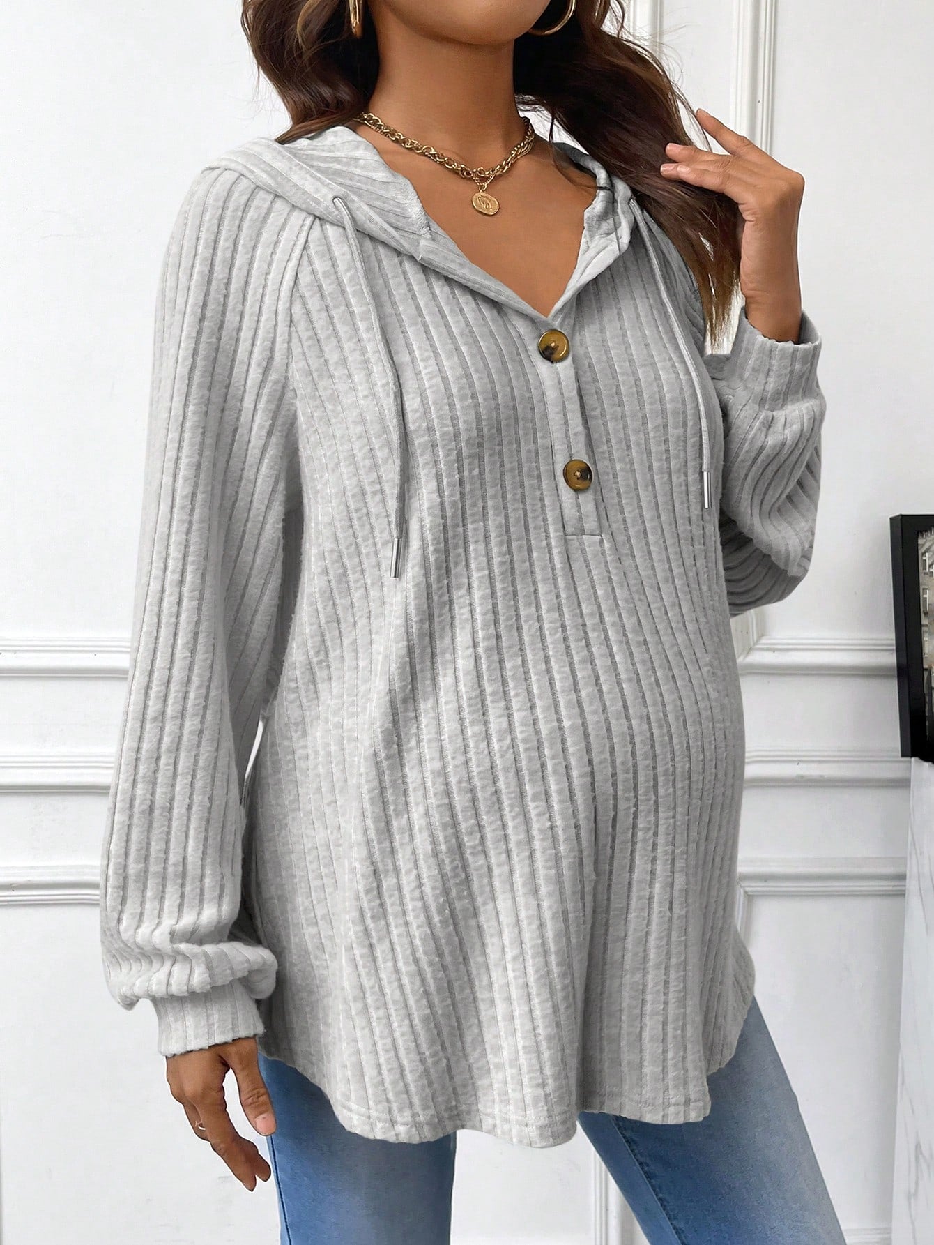 Maternity Buttoned Half Placket Drawstring Hoodie With Ribbed Details And Raglan Sleeves, For Winter