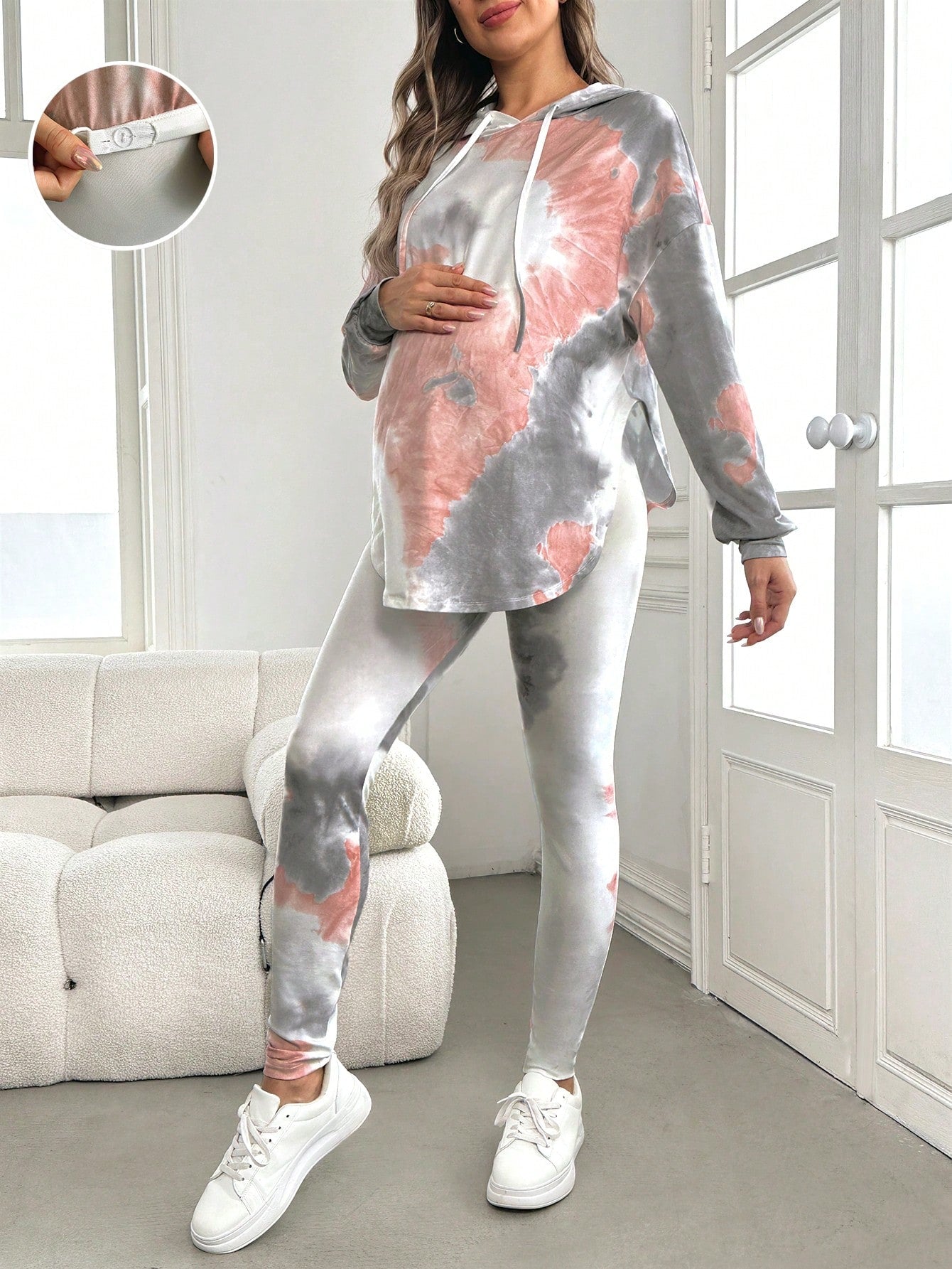 2pcs Maternity Tie Dye Drop Shoulder Drawstring Long Sleeve Hoodie & Leggings Set, Leggings Set, Autumn