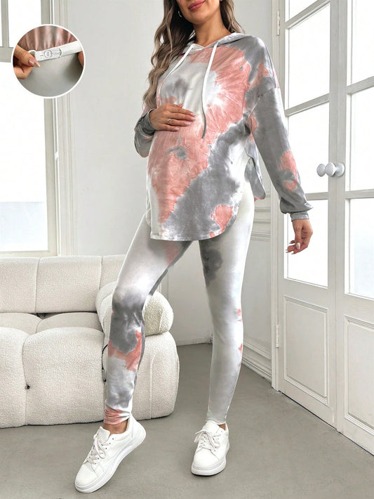 2pcs Maternity Tie Dye Drop Shoulder Drawstring Long Sleeve Hoodie & Leggings Set, Leggings Set, Autumn