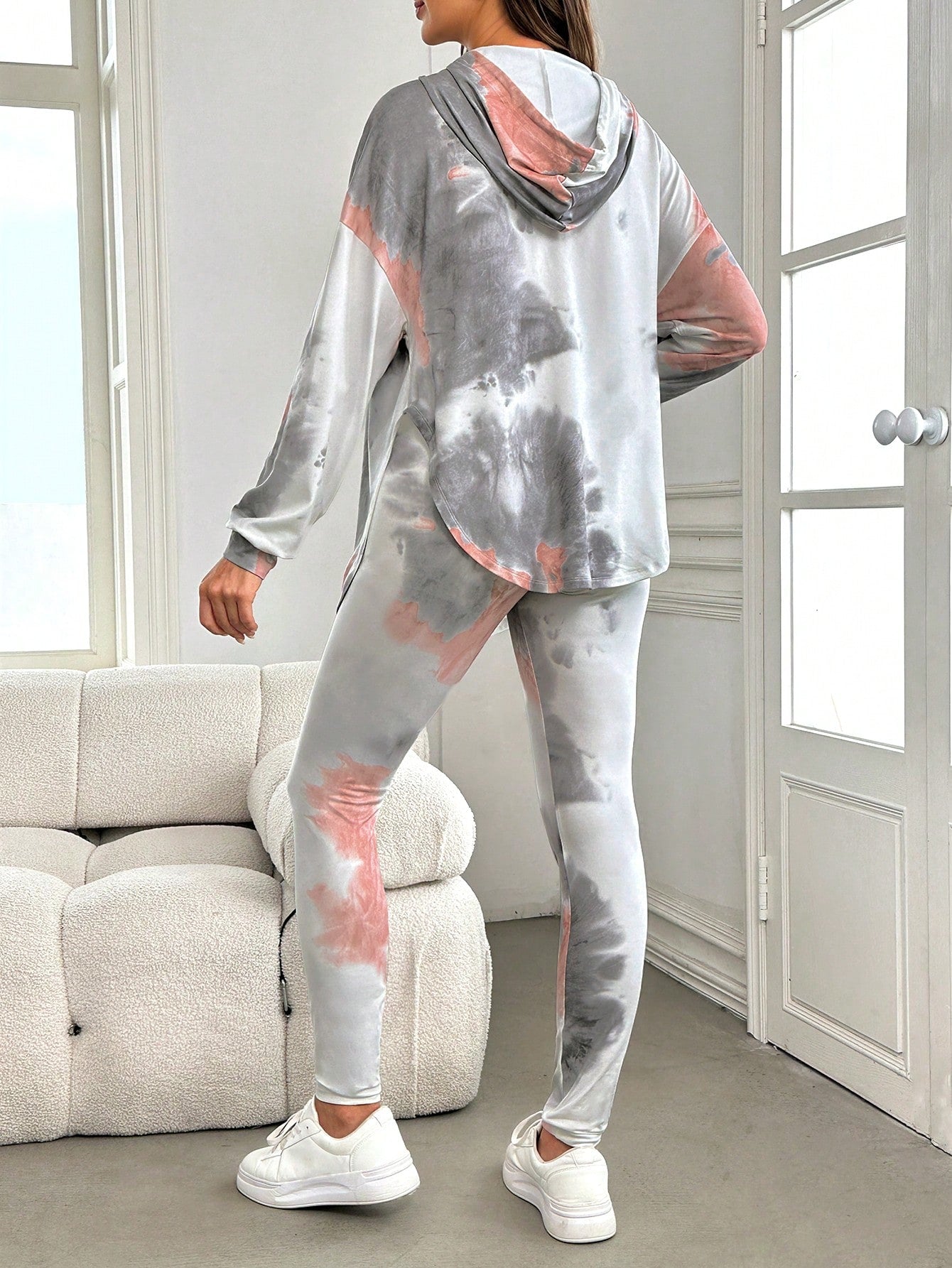 2pcs Maternity Tie Dye Drop Shoulder Drawstring Long Sleeve Hoodie & Leggings Set, Leggings Set, Autumn
