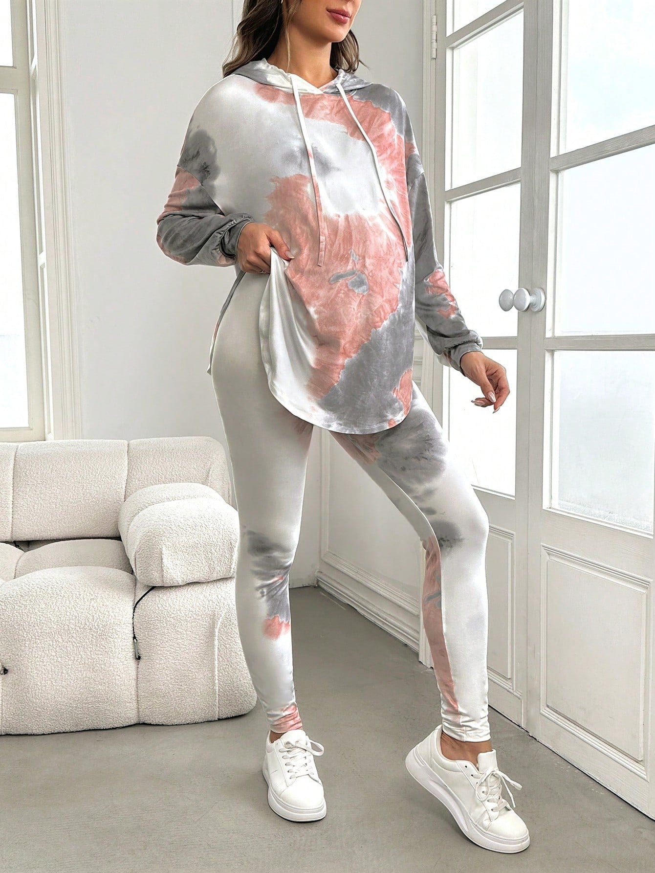 2pcs Maternity Tie Dye Drop Shoulder Drawstring Long Sleeve Hoodie & Leggings Set, Leggings Set, Autumn