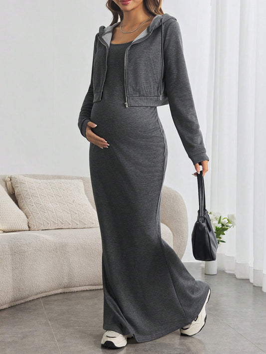 Maternity 2pcs Set: Solid Color Spaghetti Strap Long Sleeve Dress & Front Zipper Cardigan, Knit Slim Fit Pregnancy Outfit For Fall & Winter, Winter, Teacher Style