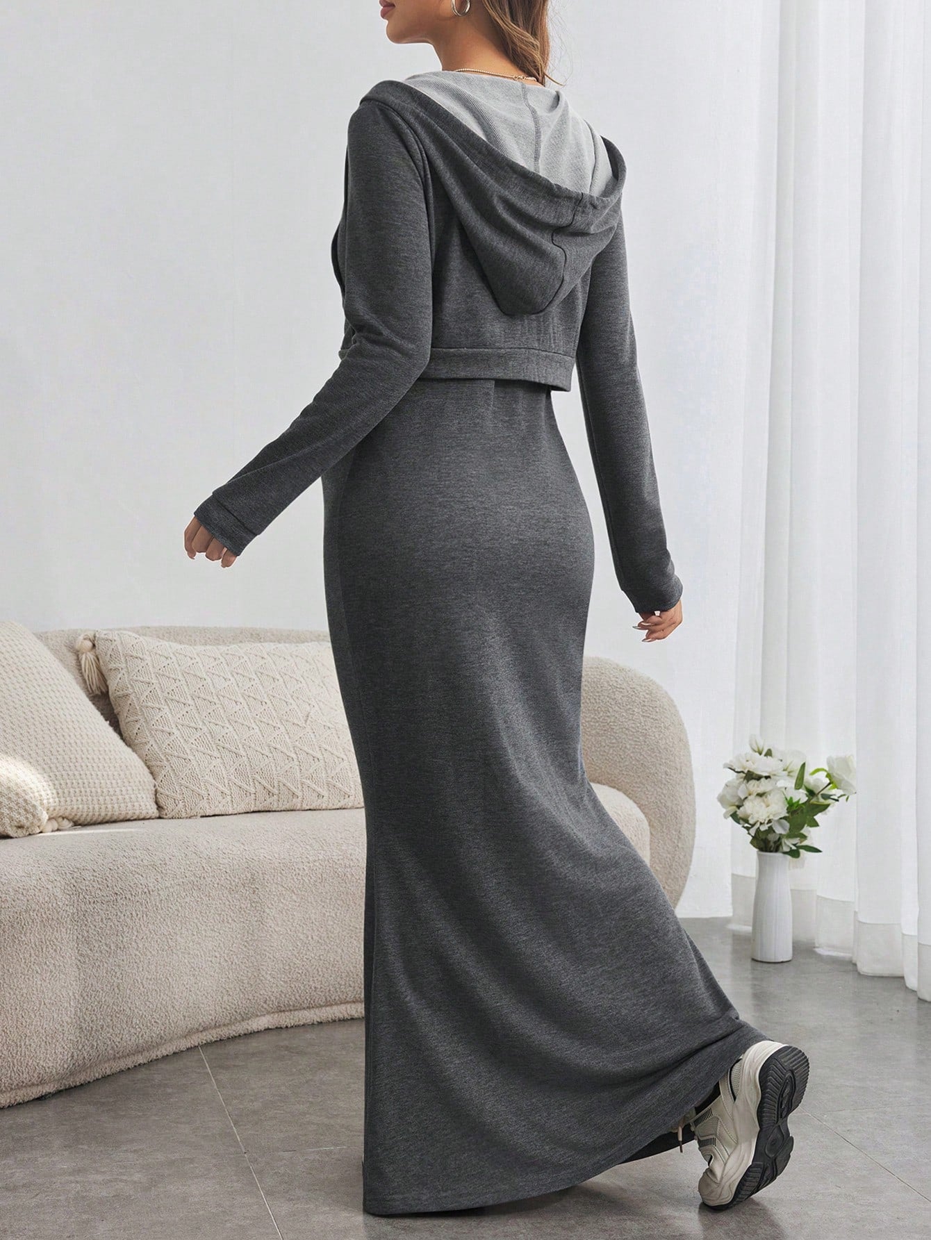 Maternity 2pcs Set: Solid Color Spaghetti Strap Long Sleeve Dress & Front Zipper Cardigan, Knit Slim Fit Pregnancy Outfit For Fall & Winter, Winter, Teacher Style