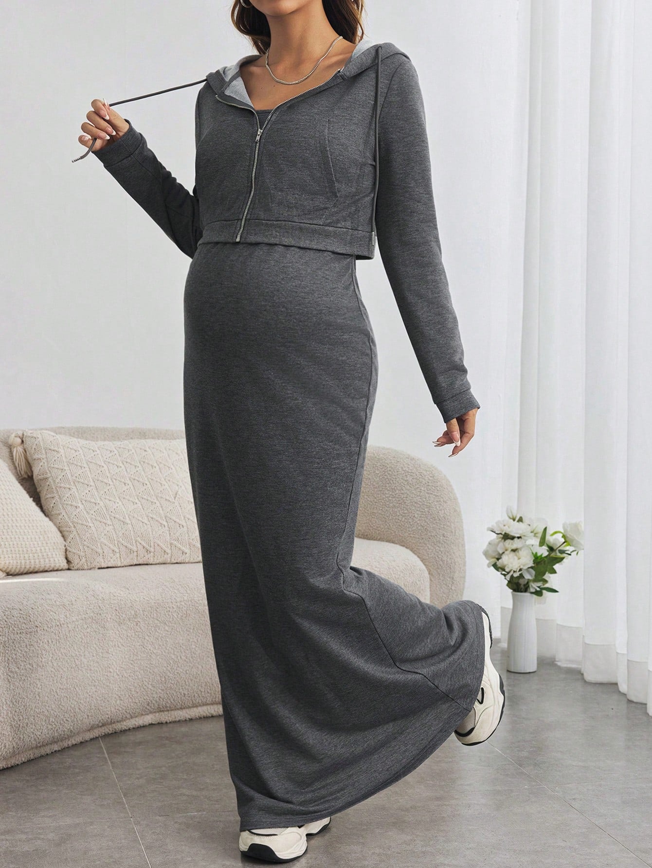 Maternity 2pcs Set: Solid Color Spaghetti Strap Long Sleeve Dress & Front Zipper Cardigan, Knit Slim Fit Pregnancy Outfit For Fall & Winter, Winter, Teacher Style