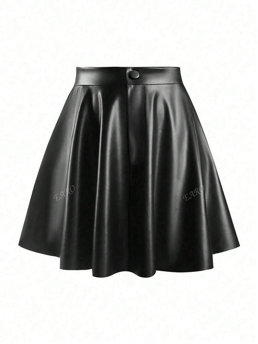 Women's Solid Color PU Leather Pleated Fashion Mini Skirt