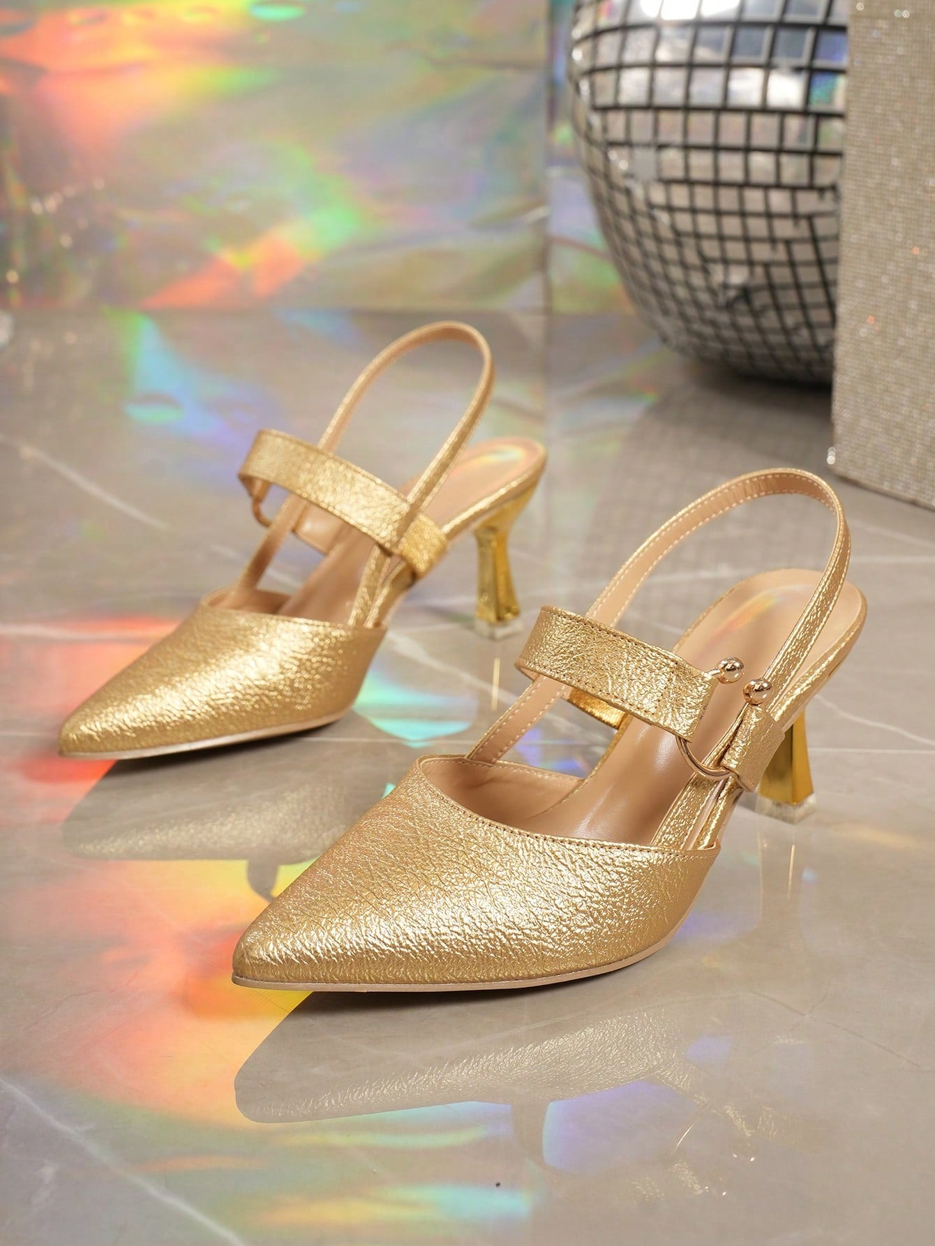 Gold Satin Bow Toe Pointed Backless Buckle High Heels Shoes For Women