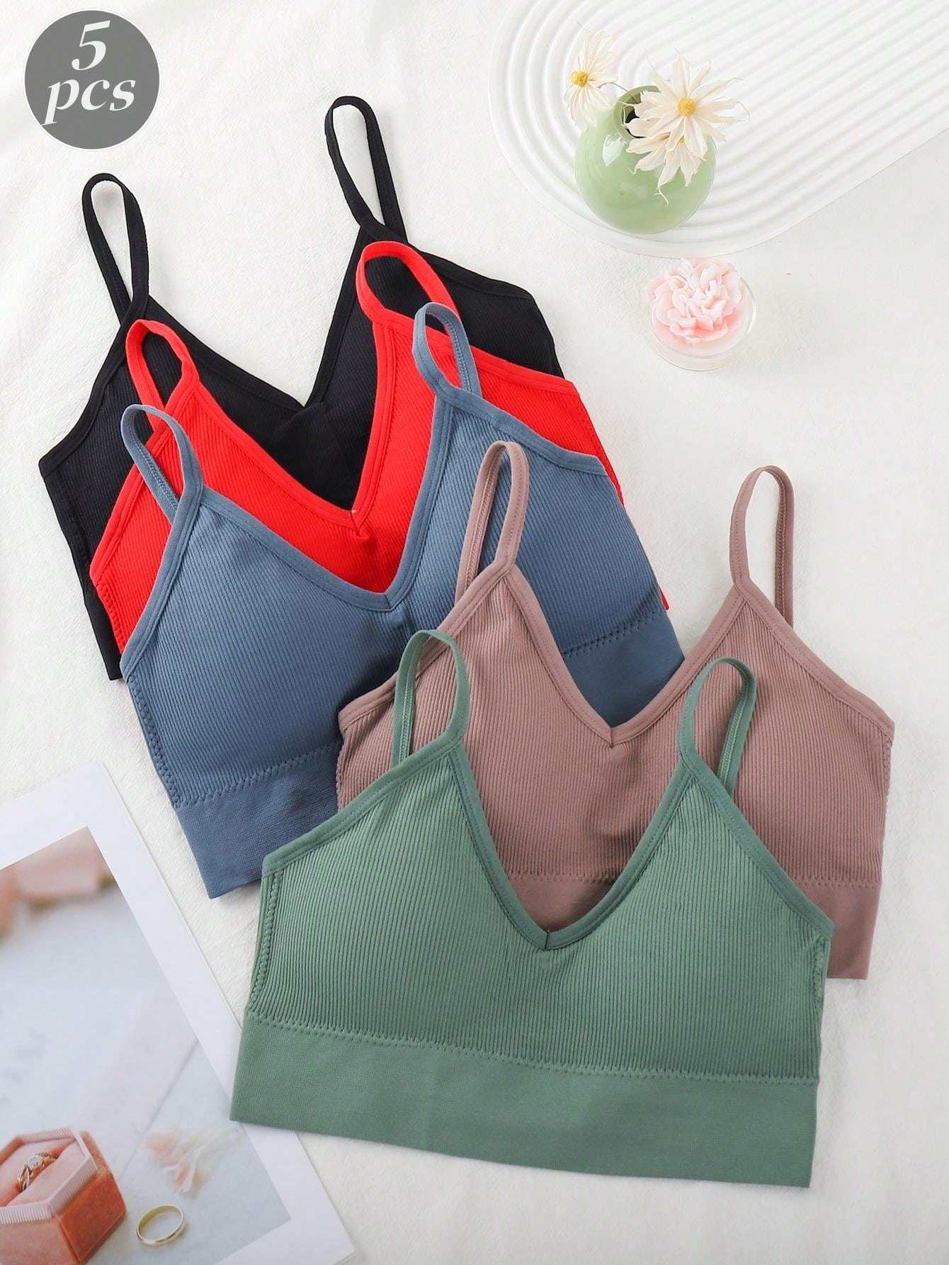 5pcs Comfortable Solid Wireless Bra, Lingerie