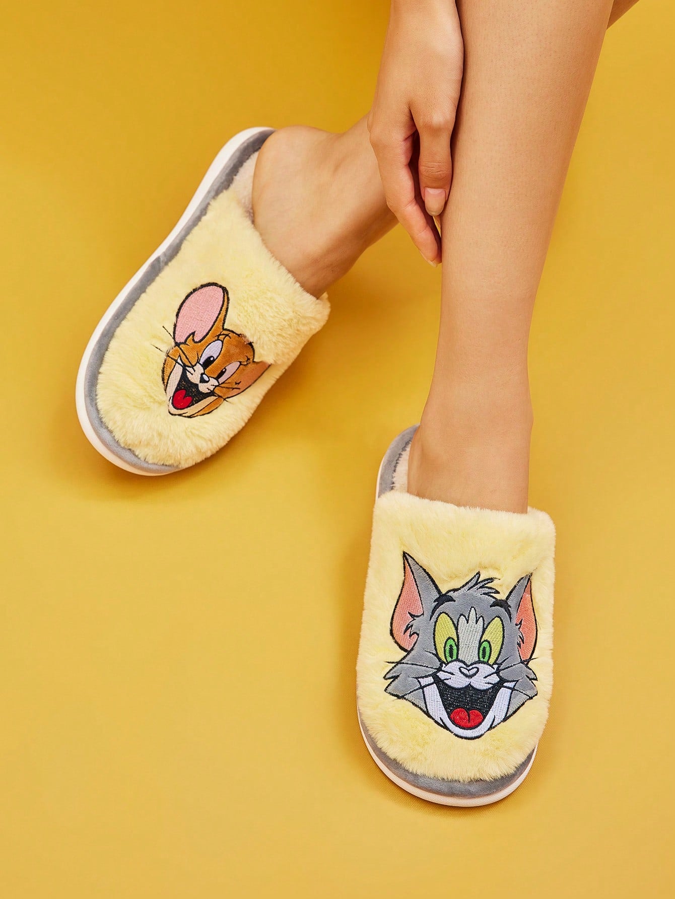 TOM & JERRY X  Cartoon Embroidered Plush Ladies' House Slippers, For Christmas Fall New Year Holiday