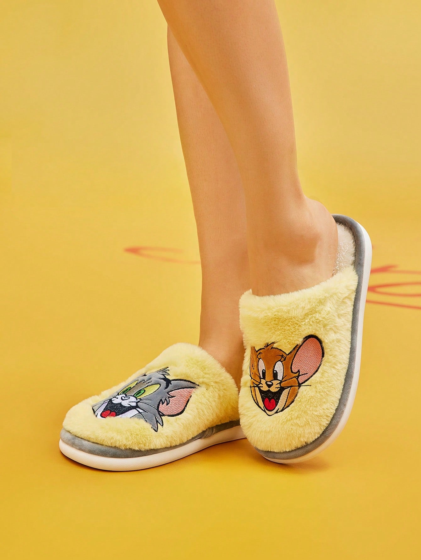 TOM & JERRY X  Cartoon Embroidered Plush Ladies' House Slippers, For Christmas Fall New Year Holiday