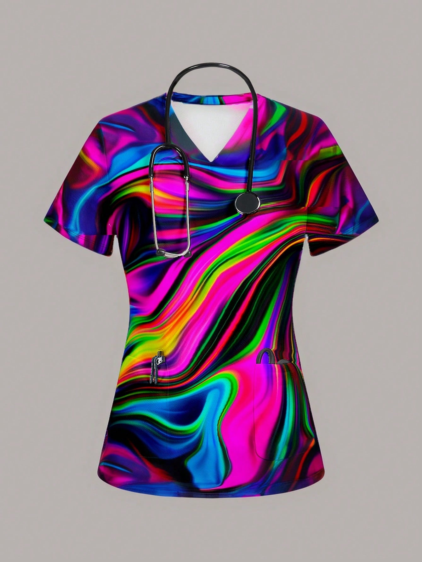 TaskFit Women's Sweetheart Neckline Matte Scrub Top, Women's Short Sleeve V-Neck Nurse Uniform Top, 2 Pocket Tee Printed Soft Stretch Matte Scrub Top